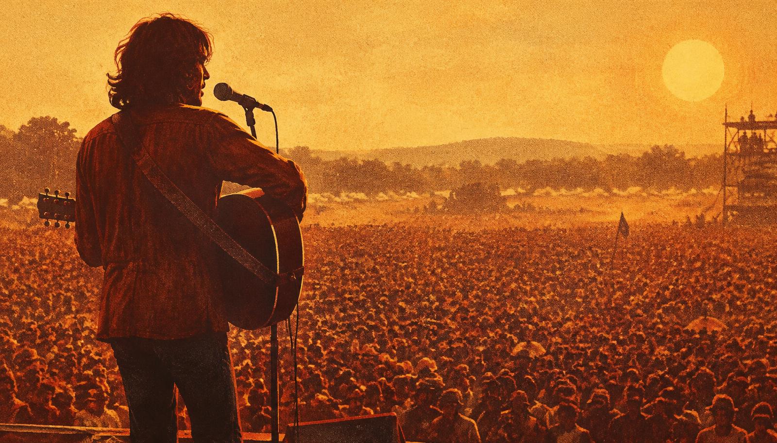 A folk singer with an acoustic guitar facing a vast festival crowd at golden hour