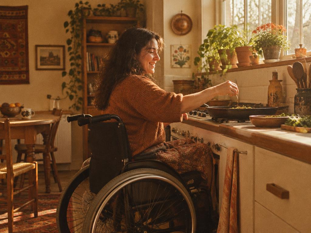 A woman in a wheelchair cooking joyfully in her own warm kitchen