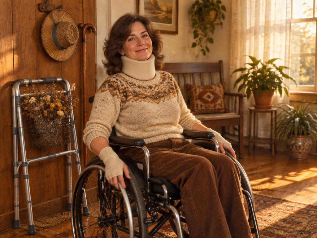A woman in a wheelchair wearing a soft neck brace and carpal tunnel support gloves, with a folding walker holding dried flowers beside her in her own sunlit entryway