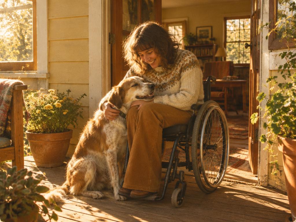 A woman in a wheelchair on her own porch hugging her dog in golden-hour light