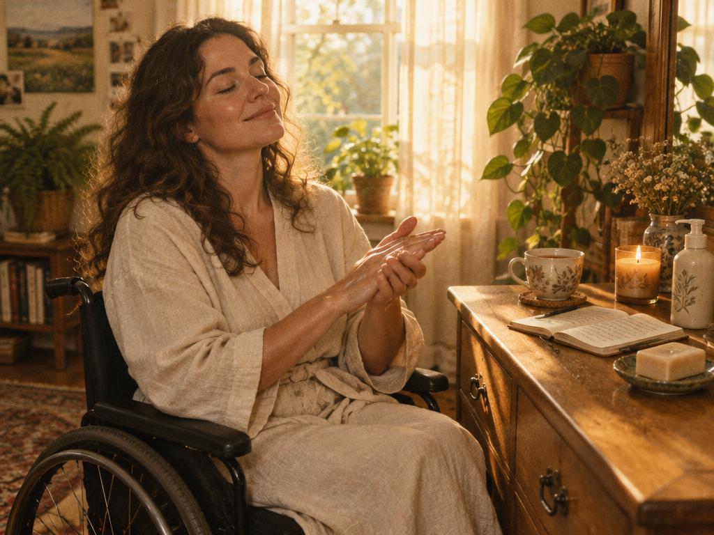 A woman in a wheelchair in a soft robe massaging lotion into her hands at her own sunlit dresser, with a candle, a cup of tea and an open journal beside her