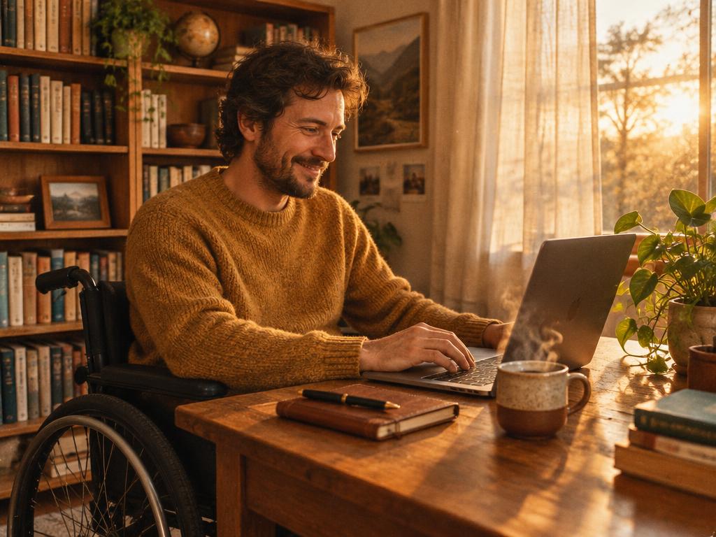 A man in a wheelchair working at his own home desk with an open laptop, a notebook and a cup of coffee in warm golden-hour light
